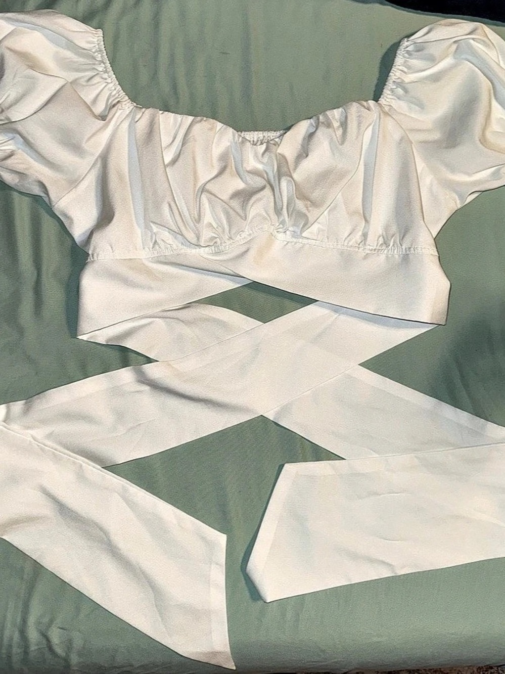 LYANER Women's Puff Sleeve Wrap Tie Crop Top White Crop Top